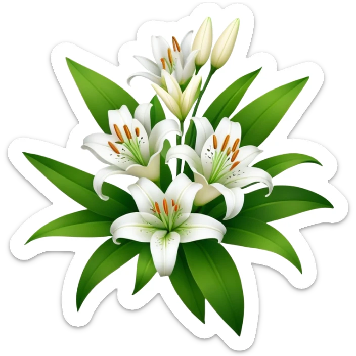 bouquet of white lily flowers with green leaves sticker