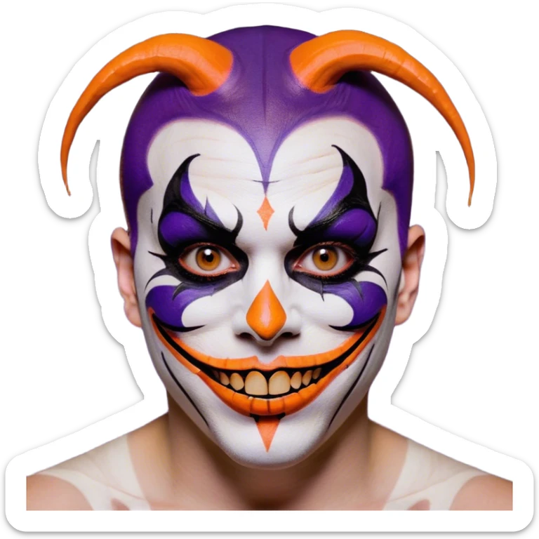 Juggalo smiley face that is Perfectly round and hairless with white skin with realistic human brown colored eyes and elaborate but symmetrical thin lined face paint that covers most of the area of their face from the top of the forehead down the sides of their chin to the bottom of their face that is orange outlined in dark purple, with an unrealistic anatomically impossible grin with broken teeth and look in their eyes that is menacing sticker