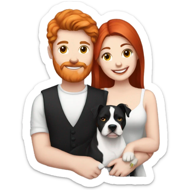 Red haired couple holding black and white English staffordshire sticker