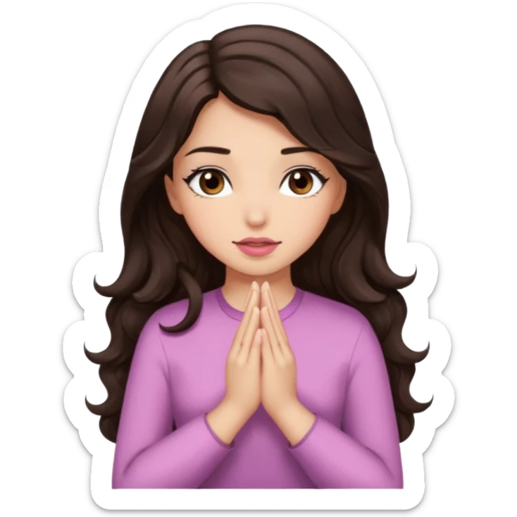 girl with wavy long glamorous dark brown hair, brown eyes, light to medium complexion, long lashes, light pink lipstick, praying sticker