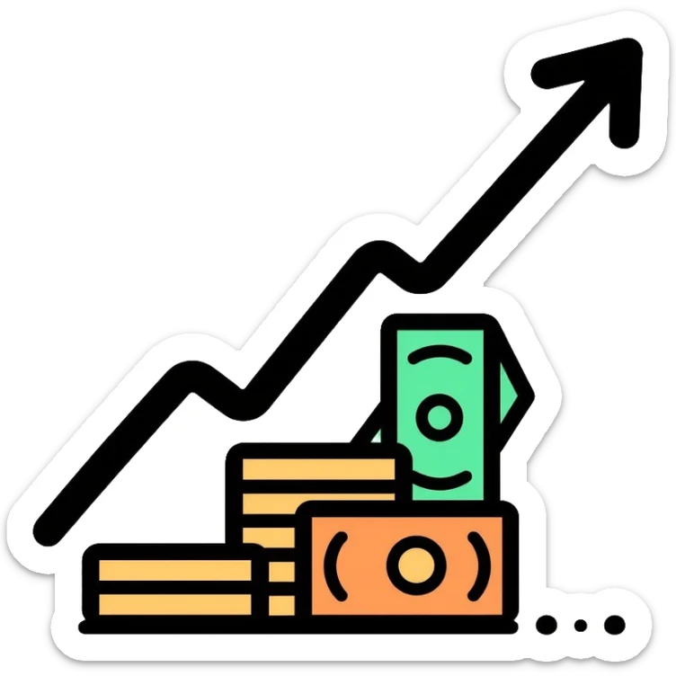 upward arrow next to increasing stacks of money bills and coins, financial growth sticker