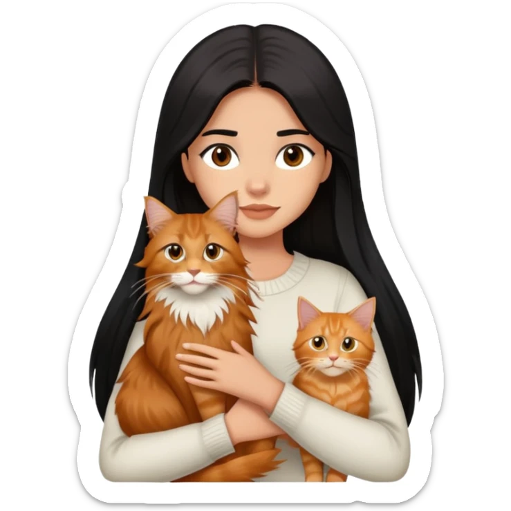 Une fille a la peau mat et yeux marron et au cheveux long lisse et noir portant un chat type Maine coon de couleur roux  sticker
