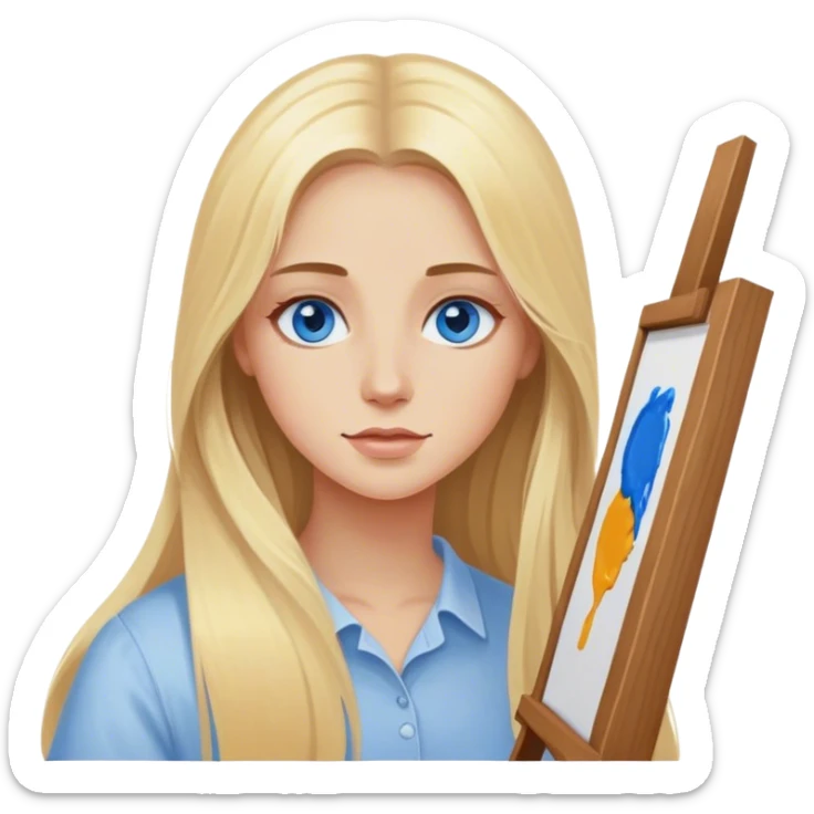 Cinematic realistic blonde with long hair, blue eyes paints a picture on canvas sticker