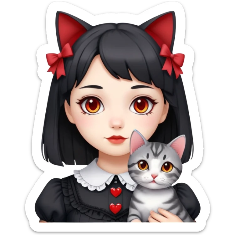 girl wearing black Lolita style dress, with medium-length black hair with red tips, and a gray American Shorthair tabby cat sticker