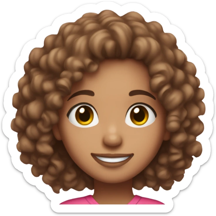 Light skin girl with brown curly hair, brown eyes and a pink outfit smiling sticker