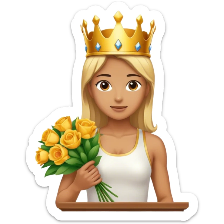 A female athlete wearing a golden crown stands on the podium, holding a bouquet of flowers.

 sticker