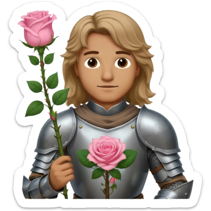 A male knight in armor with long wavy dark blonde hair holding a light pink rose  sticker