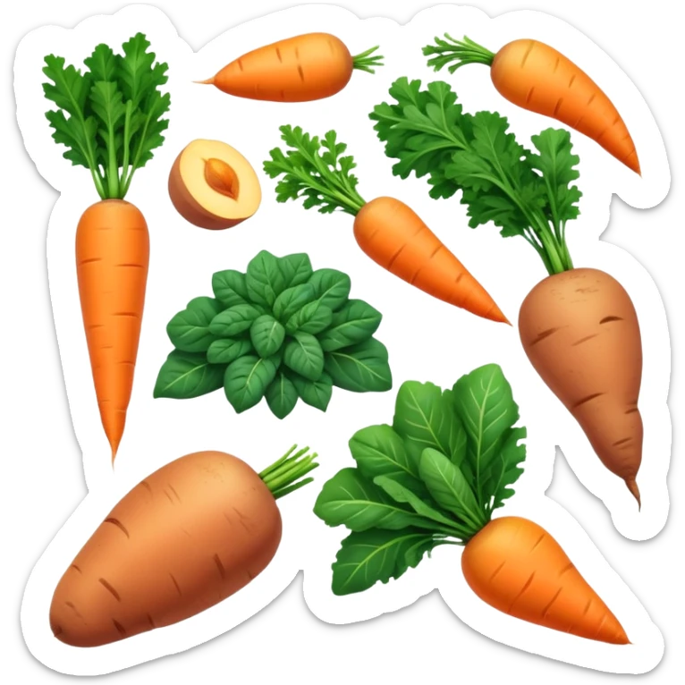 Plant sources of vitamin A (carotenoids): carrots, sweet potatoes, spinach, kale, mangoes, and apricots glowing with a soft orange-yellow light representing their provitamin A content that needs to be converted by the body. sticker