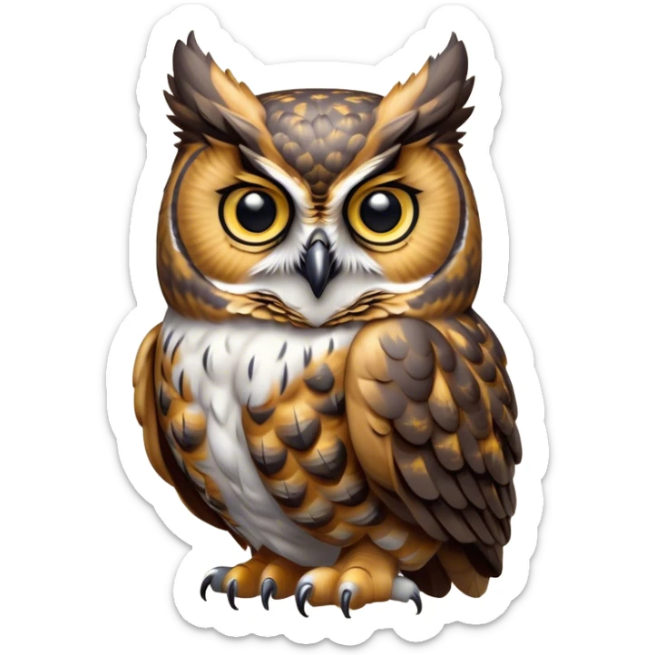 Cinematic Cute Great Horned Owl Portrait Emoji, Head tilted playfully and inquisitively, featuring a lush mottled Fur with intricate patterns of gray and white, round, sparkling golden eyes filled with curious wonder, Simplified yet irresistibly adorable features, highly detailed, glowing with a warm, friendly glow, high shine, affectionate and wise, stylized with a touch of nocturnal whimsy, bright and endearing, soft glowing outline, capturing the essence of a mischievous yet loving owl, so playful it feels like it could glide out of the screen and perch in your arms! sticker