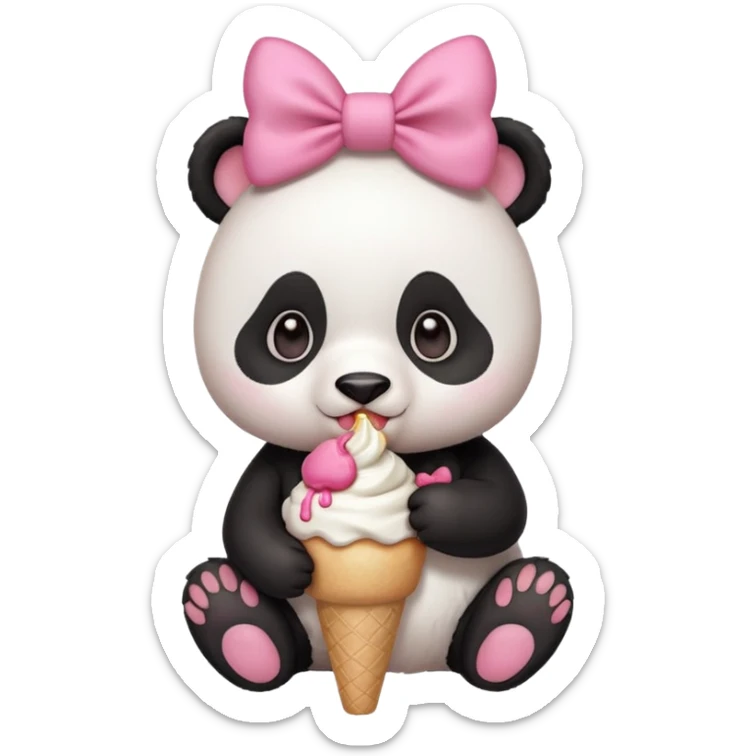 Cute chibi style girl Panda with big pink bow above ear eating and ice cream  sticker