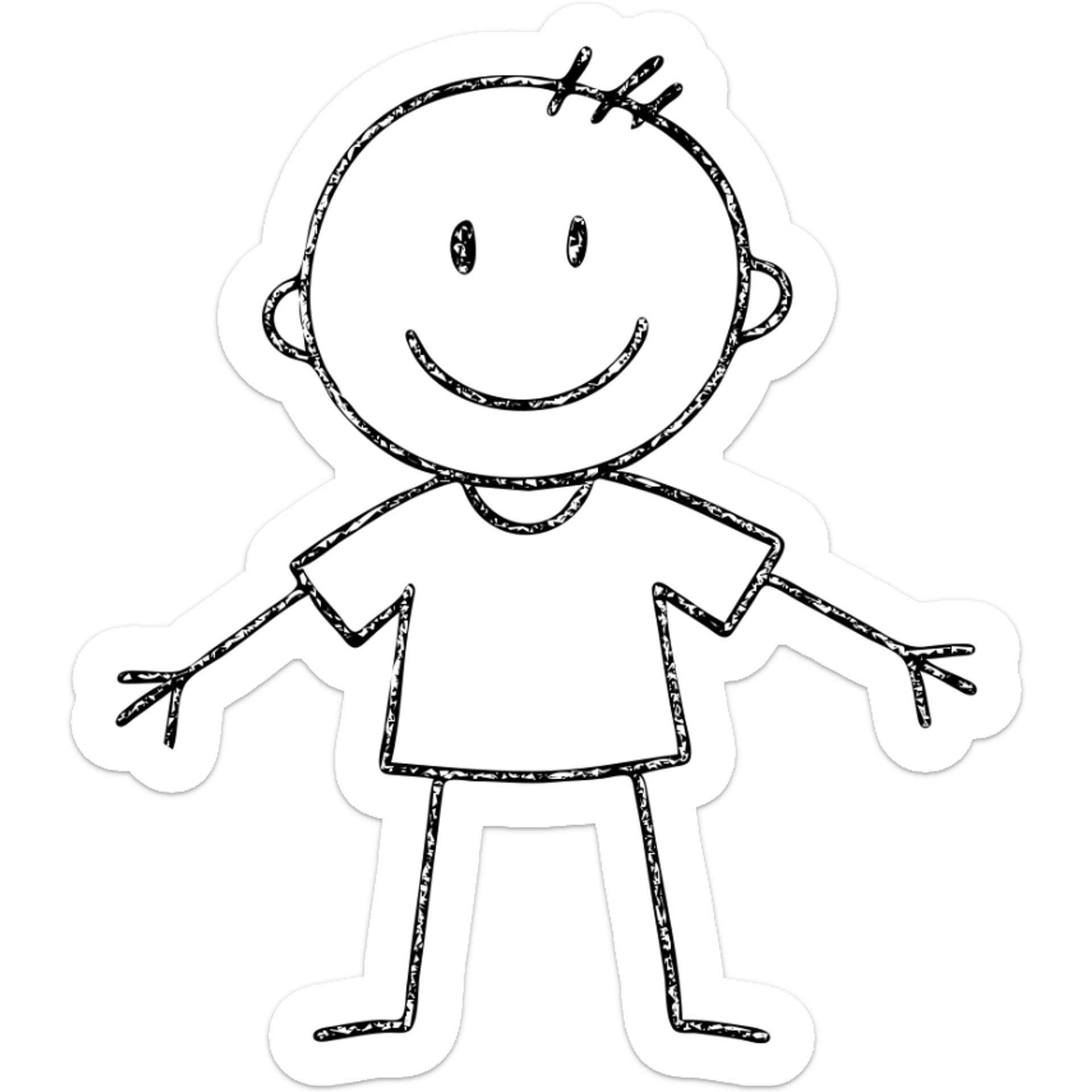 hand-drawn stick man wearing a simple T-shirt, black lines, minimal detail sticker