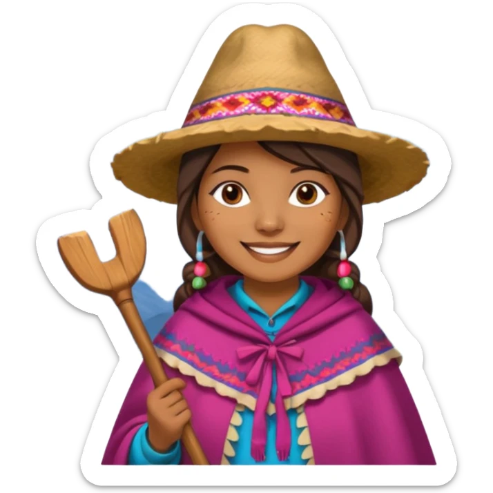 3D emoji style illustration of a Peruvian Andean farmer (woman), wearing traditional chullo hat and poncho, holding a hoe, smiling, mountains in background, bright natural colors, bold outlines, glossy sticker style, transparent background sticker