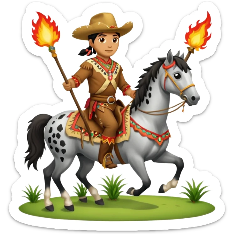 Chief Osceola wearing traditional Seminole garb, riding Appaloosa horse and planting a flaming spear into grass sticker
