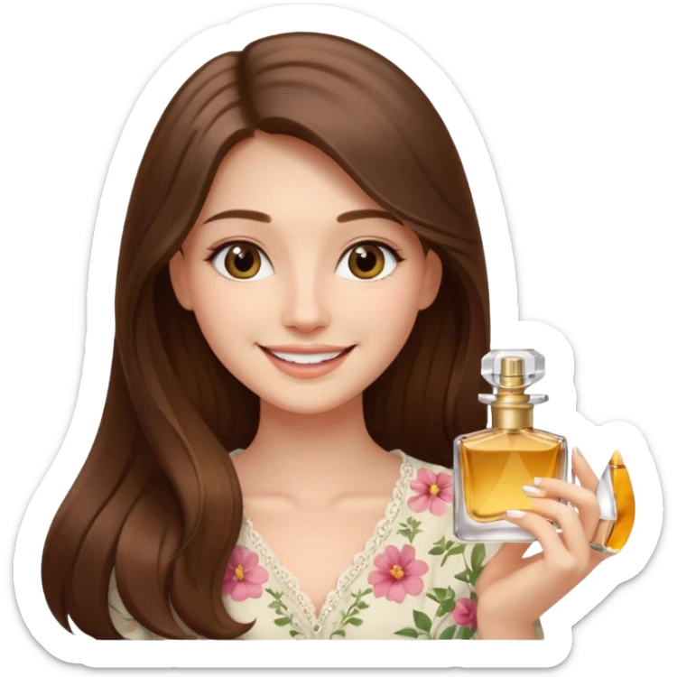 half body pretty long hair girl holding 1 parfume with smile sticker