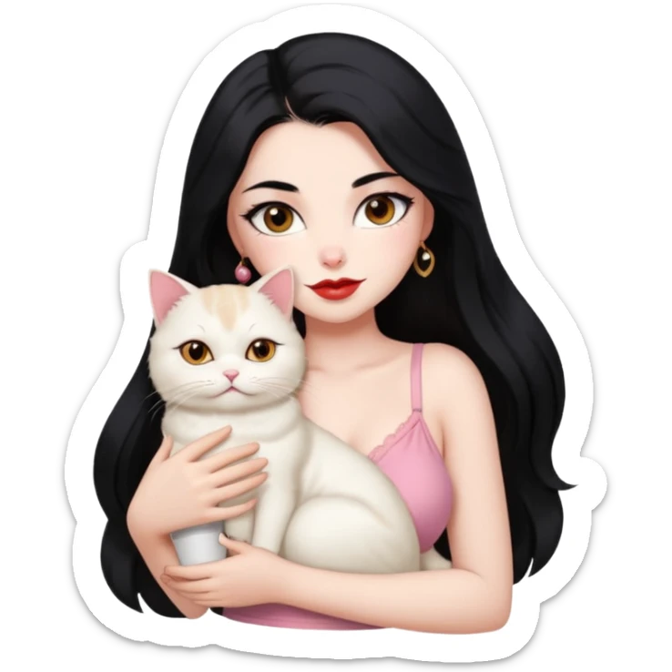 Beautiful Girl Long Hair black, Brows Big , Skin White, bra Pale Pink , Big Red Lips, EyesCoffe , Big hug Little baby Persa Cream Cat With Cute Eyes sticker