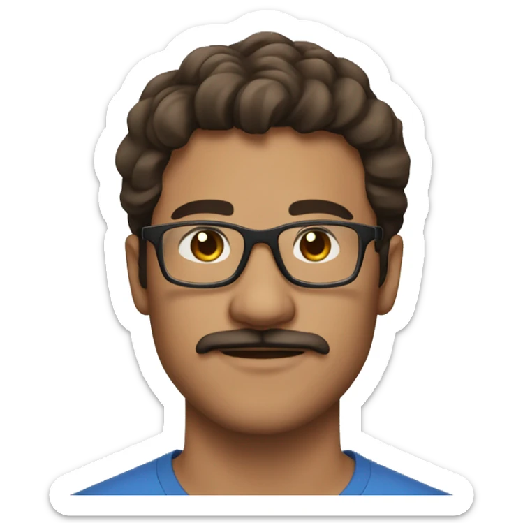 Eurasian man, 25 years old, brown hair, transparent glasses, moustache sticker
