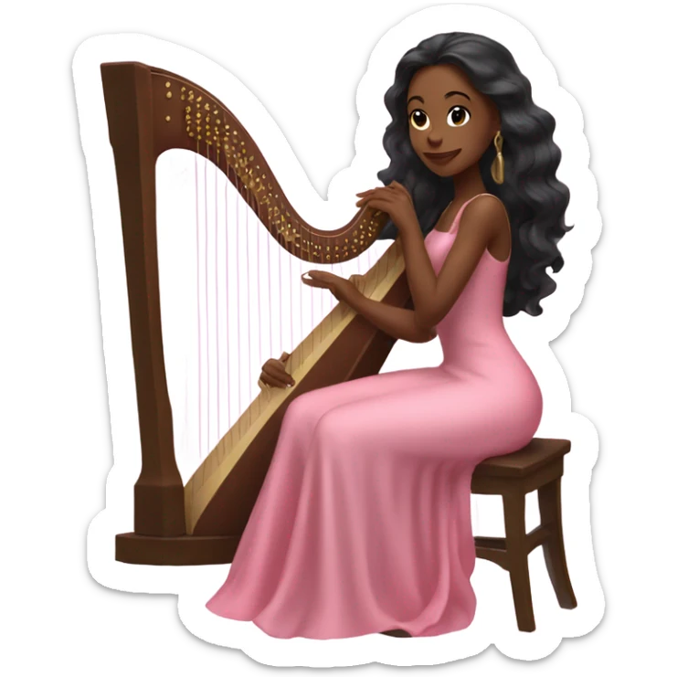 Pretty black women with long hair in a silk pink dress playing the harp sitting down sticker
