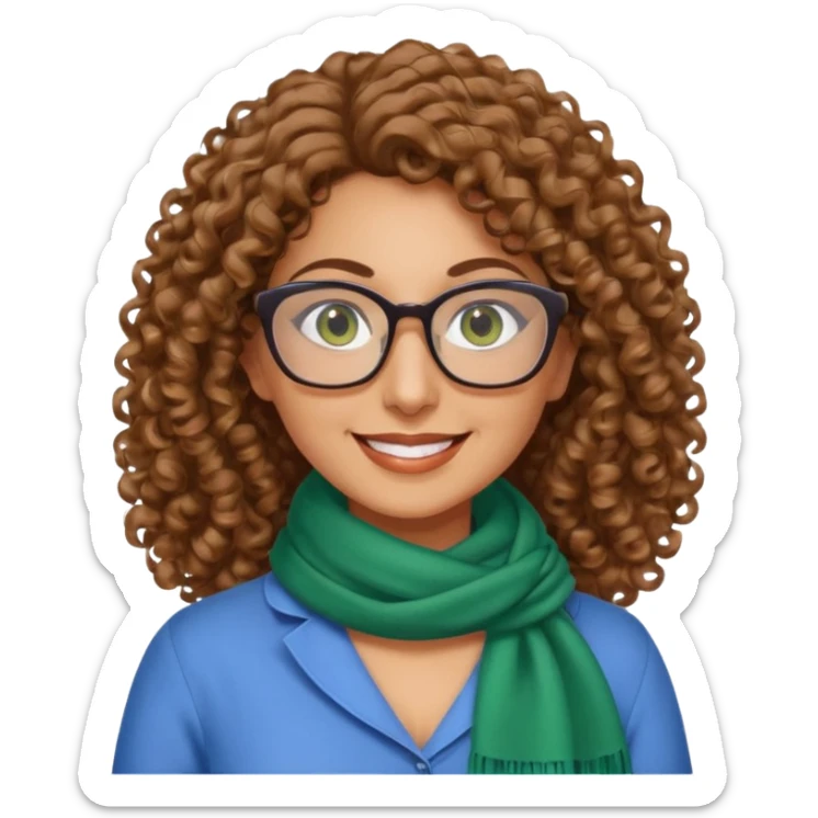 40 yr old Iranian woman, light brown very curly thick hair, shoulder length hair, green eyes, tan skin, big smile, big glasses, blue dress shirt with white scarf on neck sticker