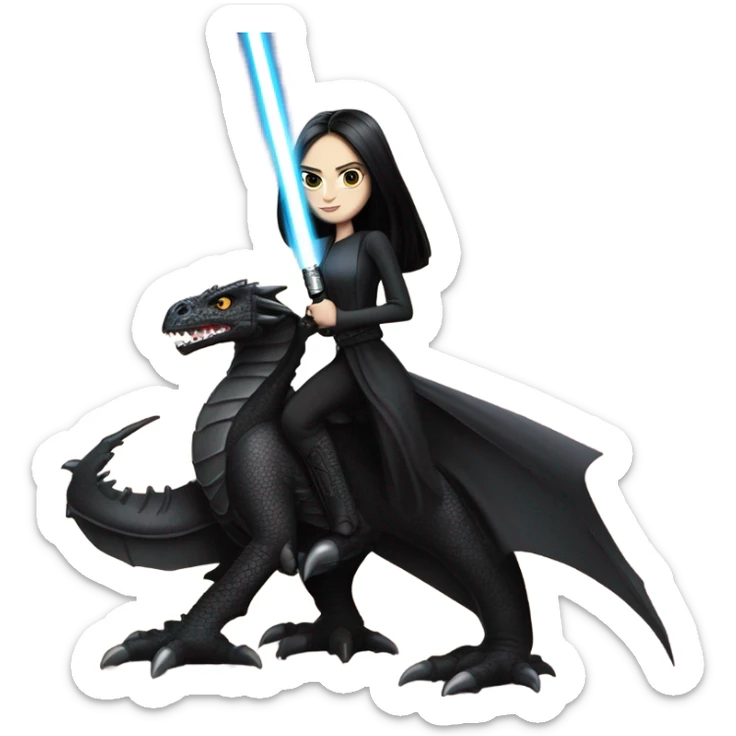 Determined and beautiful armored teen Morticia Addams Jedi riding on the back of a giant black dragon sticker