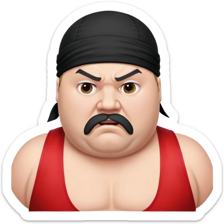 Extreme close-up of face of morbidly obese white skin guy with young face, prominent BLACK DURAG tied clearly on head, black beard but no mustache, clean shaven upper lip, black eyes in a red and black wrestling singlet with angry expression sticker