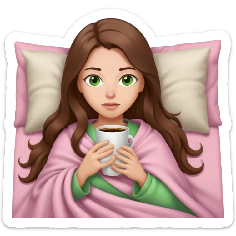woman with very long brown hair and green eyes in a light pink blanket sleepy with coffee sticker
