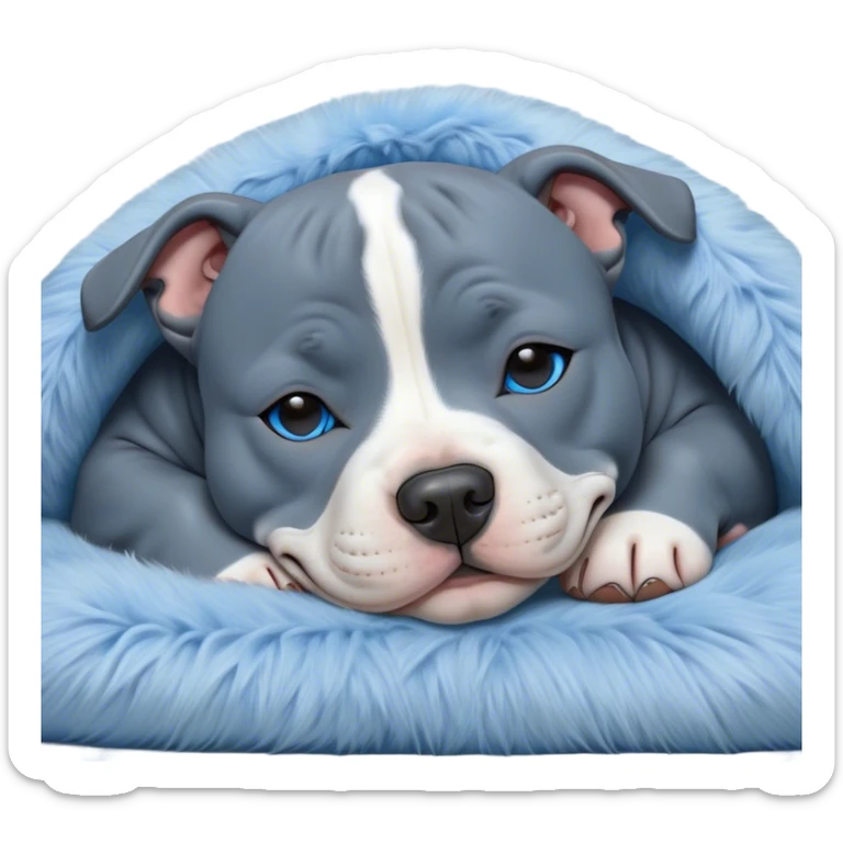 Meme-Worthy Cute Sleeping Blue Staffordshire Bull Terrier Portrait Emoji, Head resting peacefully with a contented smile, showcasing a delightfully compact build and a luxuriously soft blue Fur, eyes shut in a serene nap, Simplified yet hilariously adorable features, highly detailed, glowing with a soft, drowsy light, high shine, relaxed and utterly lovable, stylized with an air of playful laziness, bright and heartwarming, soft glowing outline, capturing the essence of a comically sleepy guardian, so meme-worthy it feels like it could instantly become the next viral sensation of adorable slumber! sticker