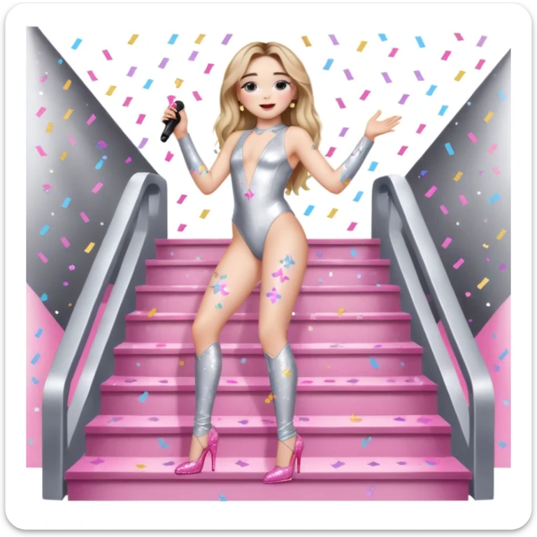 Sabrina carpenter singing at a concert wearing a silver bodysuit with kiss marks all over it  pink sparkle heels.  stage setting is very lit up with white stairs and confetti  sticker