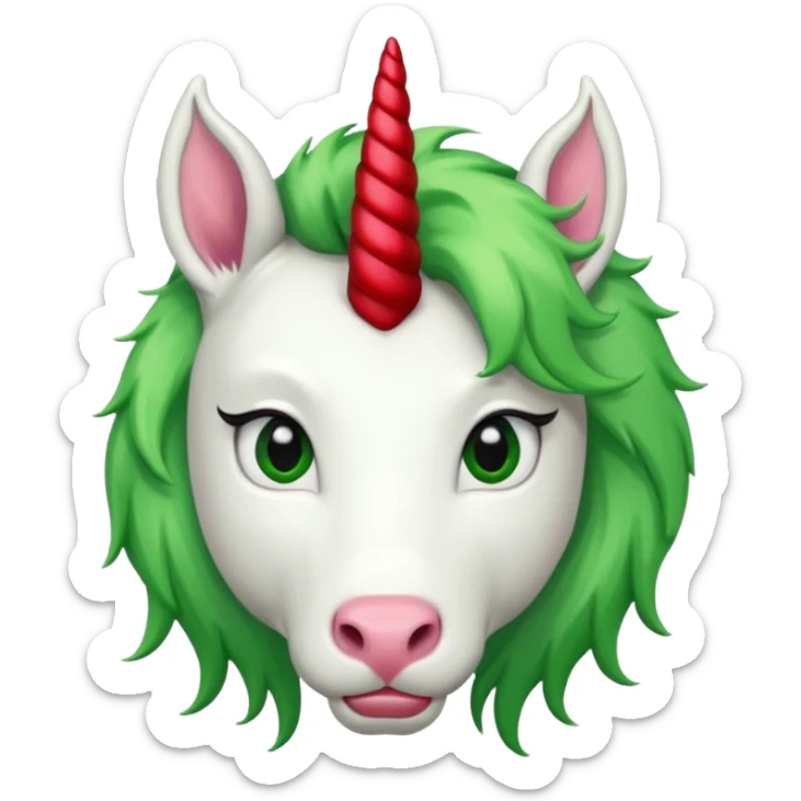 white furred unicorn with green hair and big red earrings looking into camera sticker