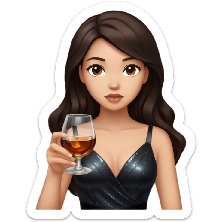 Beautiful woman in 1950’s woman fashion look, black shimmery dress, long dark brown hair, whisky with ice sticker