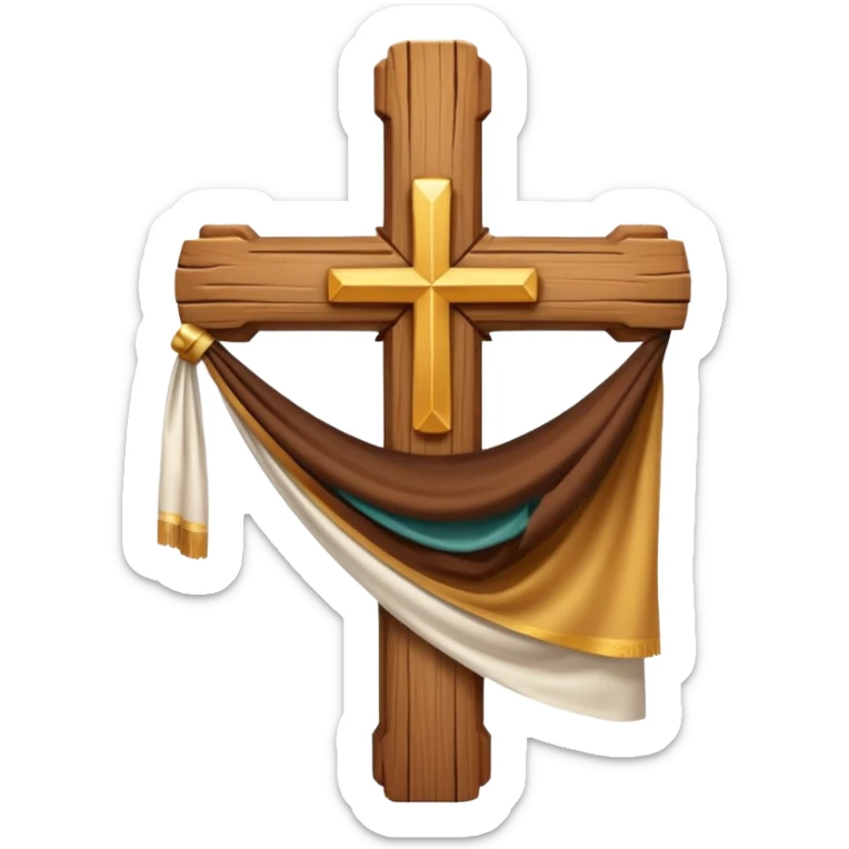 Cross made of wood, the top of the tip of the cross, a golden cross, and a white cloth hanging over the two arms of the cross sticker