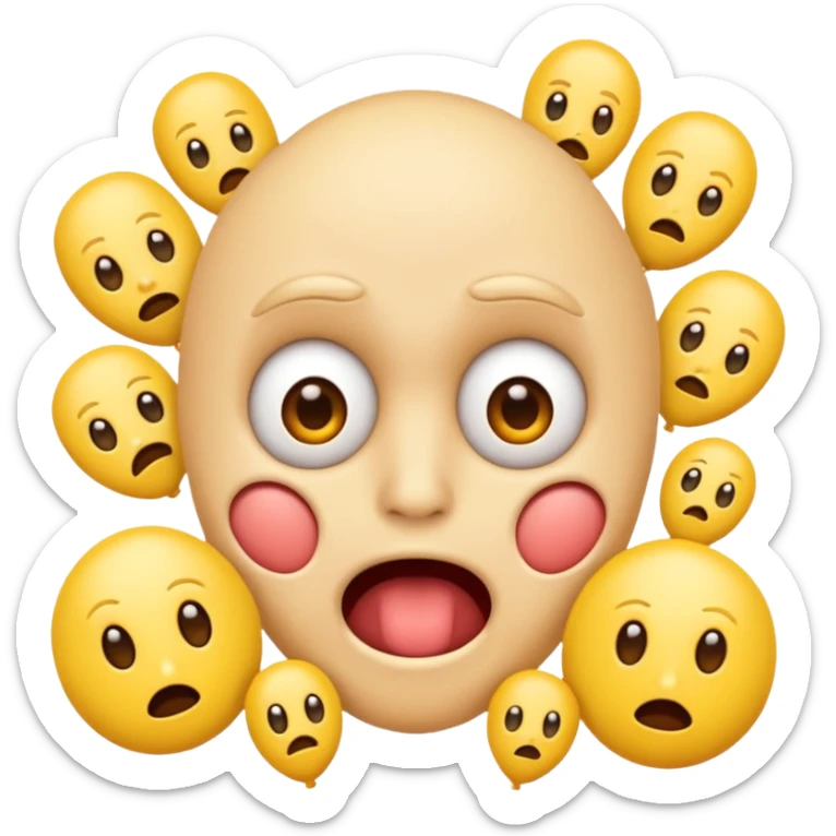 I want the main person to be an emoji with a bunch of phallic-like objects surrounding them, and their face should show fear of them. The main emoji should look more like a standard emoji face though sticker