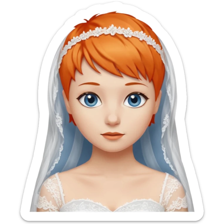 27 year old woman, orange hair, pixie cut, blue eyes, wedding dress sticker