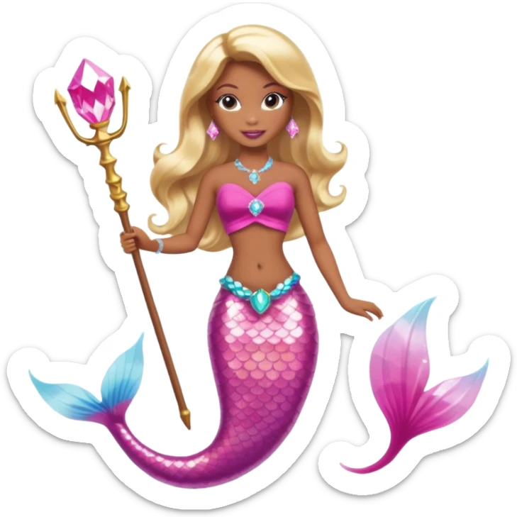 Brown skin blonde hair barbie mermaid with pink diamond tail and wand  sticker