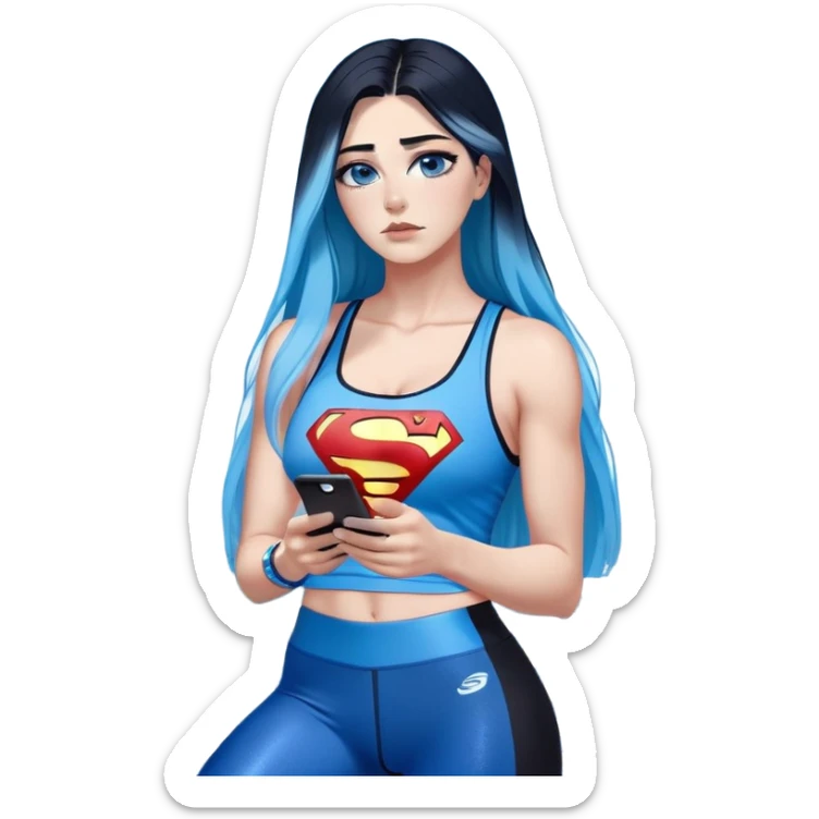 Shameful disappointed crying-very very very very big chest-texting on a samsung cell phone-very long straight flowing black to sky blue hair ombre-blue eyes-black eyeliner-long eyelashes-plastic sparkling sky blue very low cut tank top with sparkling superman logo-black leggings-nike sneakers sticker