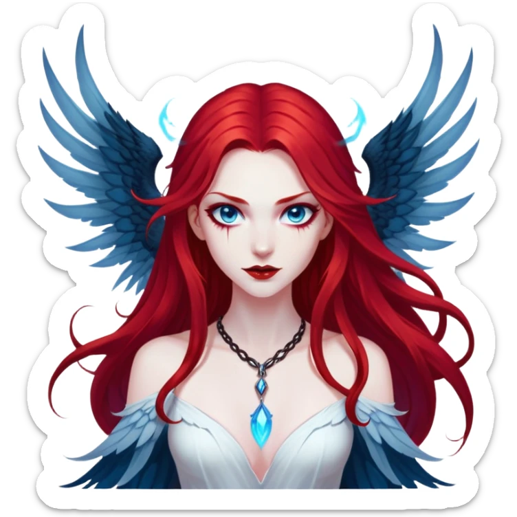 full body portrait of an extremely diabolical girl with pale white skin, massive towering wings, very long flowing blood red hair, glowing blue eyes, black hellfire aura, no horns, evil grin, no necklace sticker
