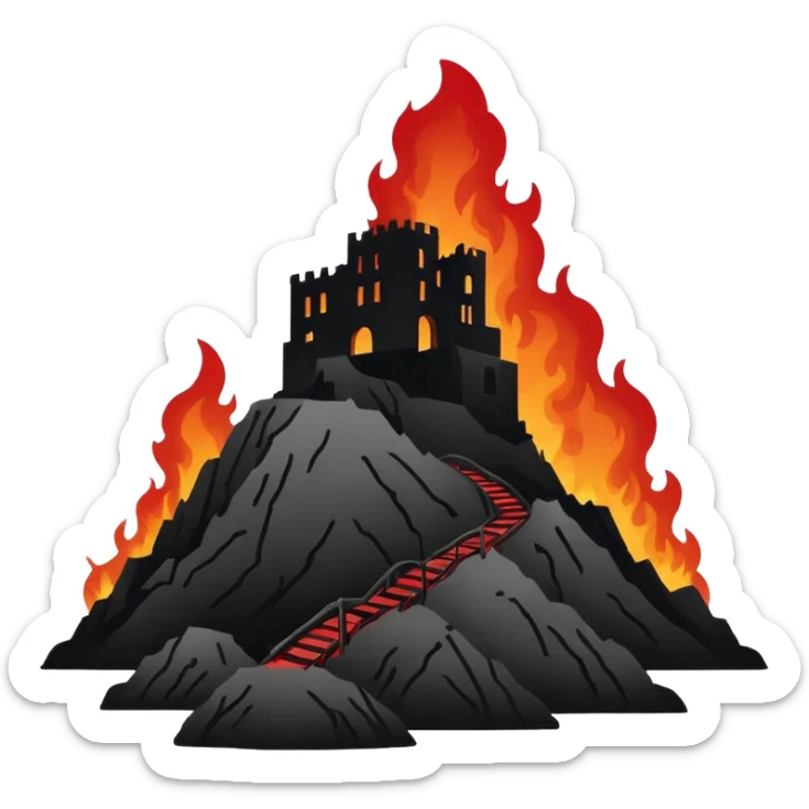 Minimalist emoji-style sticker of a silhouette of the Hollywood hill with ruined “HELLWOOD” sign, smoke and flickering flames in desaturated red

 sticker