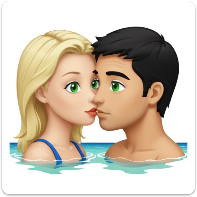 Blonde Woman, green eyes, naked breast, Kissing man with blue eyes, black Hair, whole body, Background sea  sticker