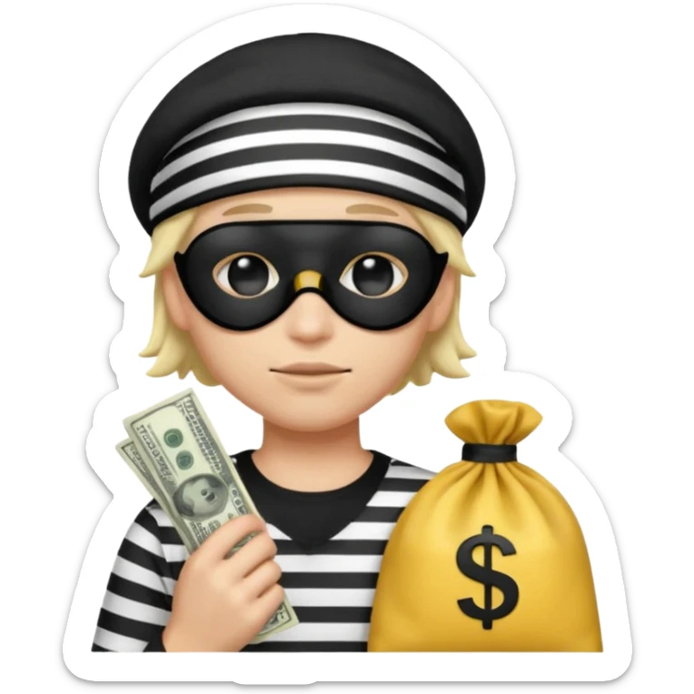 Realistic ios emoji-style portrait of a classic burglar, a black eye mask and a black-and-white striped shirt. emoji-like hair, black hat, a bag of money 💰 with a dollar sign in a right corner, mean expression  sticker