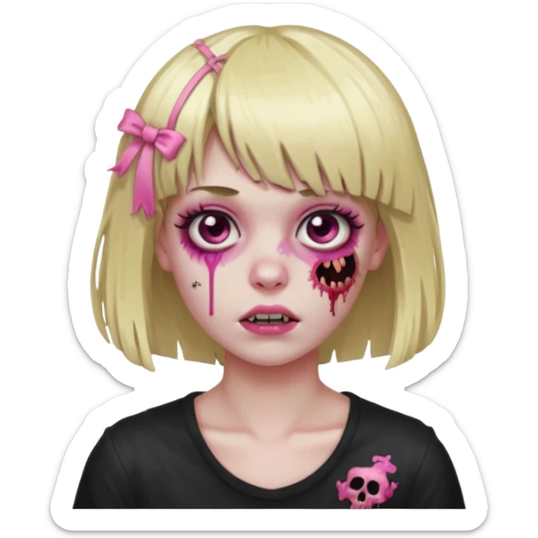 Zombie girl with blonde hair, bangs, and a pink strand on the left side of the hair, which is also half of the bangs fringe  sticker