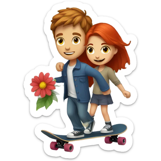 Brown haired boy with blue eyes riding a skateboard giving a red haired girl flowers  sticker
