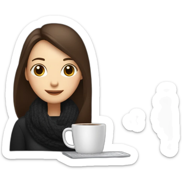 eyes closed smiling woman with pale skin middle dark brown long straight hair with a laptop and a large coffee mug wearing a black woolly shirt and a black woolly scarf sticker
