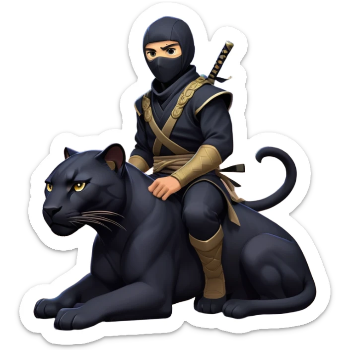 clash-of-clans-aesthetic_-cinematic-mysterious-male-ninja-portrait-emoji, rendered in a flat, vector-style with minimal shading and bold, simplified shapes, with a head slightly turned revealing intense, focused eyes, perched atop a sleek, agile panther with glossy fur moving silently through shadowed urban rooftops and moonlit alleyways. sticker