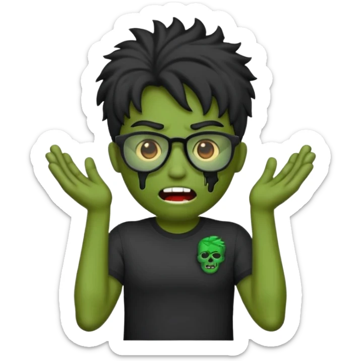 Crie um zumbi estilo emoji do iPhone com cabelo ondulado grande preto com camiseta preta e óculos de grau preto sticker