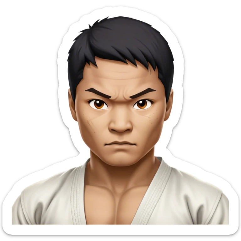 ​Cinematic Realistic Portrait of Tony Jaa, a close-up depiction capturing his intense, determined expression and finely detailed features, rendered with dramatic natural lighting that emphasizes his rugged athleticism and unmistakable martial arts presence, sticker