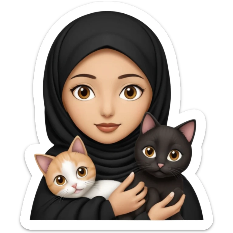 A Arabic woman human with brown eyes and black hijab. , the human is a human, she carry two cat is black and white and the other cath is black and white,,  NO EARS ON THE HUMAN ,  sticker