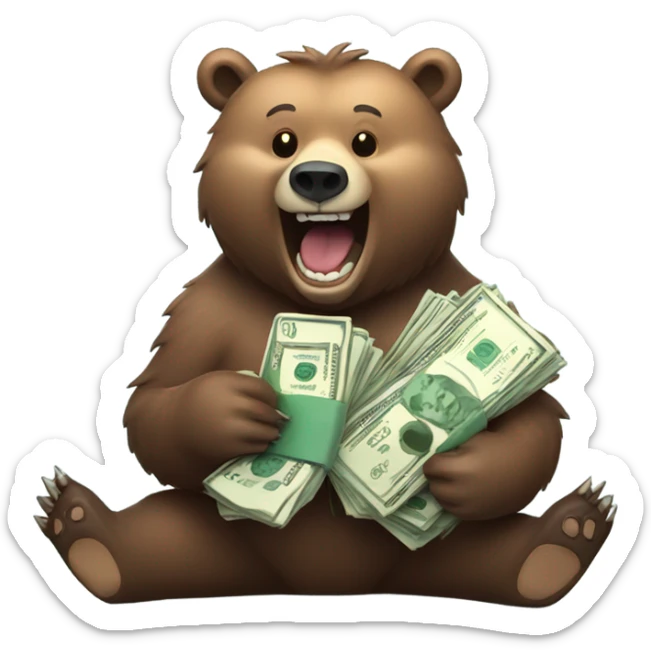 grizzly bear holding lots of money and looking happy sticker