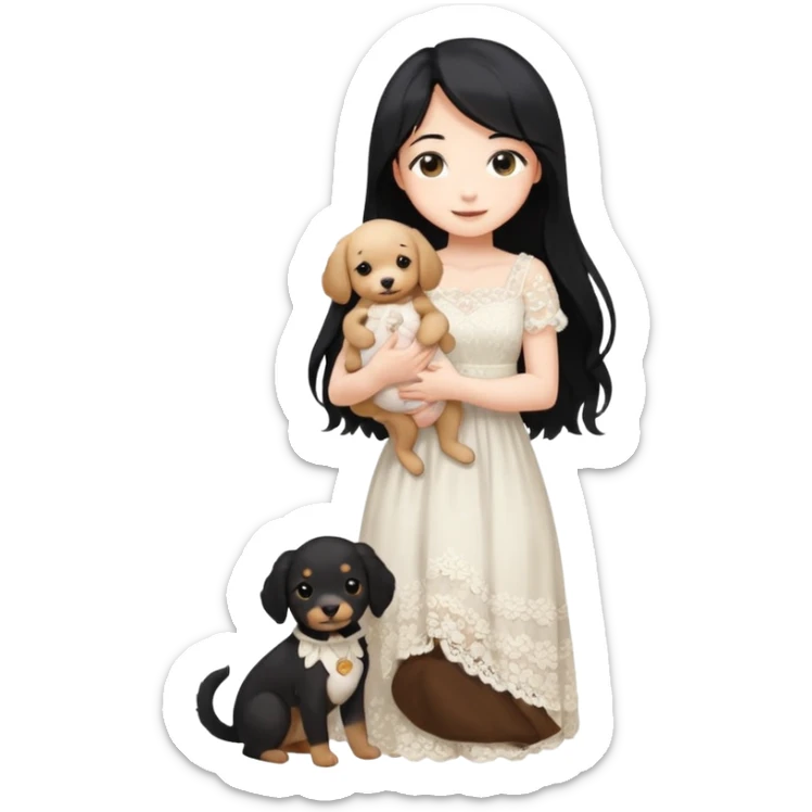Pastel anime lady long hair with long lace dress full body holding puppy sticker