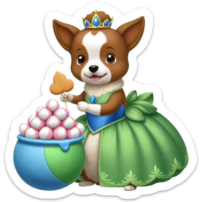 A blue leaf in a green ball gown eating marshmallows on top of a dog sticker