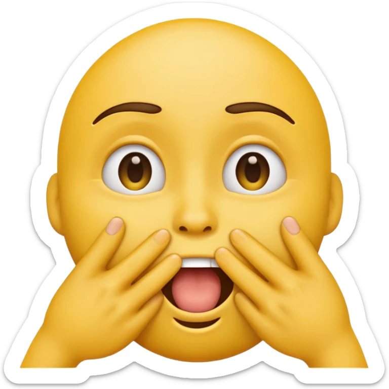 yellow emoji with one hand covering mouth, eyes wide, cringing and laughing sticker