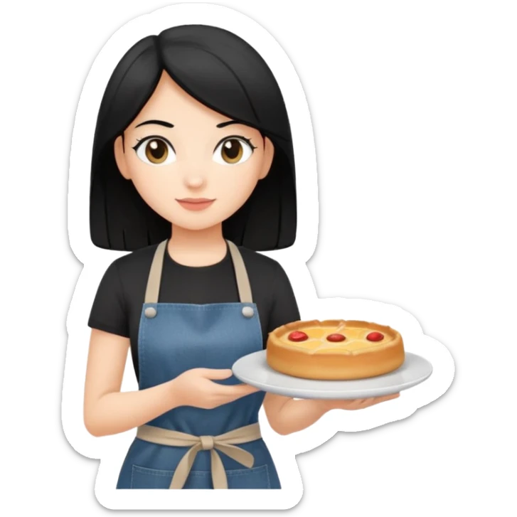 waitress with black hair and a food plate with a black tshirt and ª jeans apron. with a bigger plate and the plate with a cover  sticker